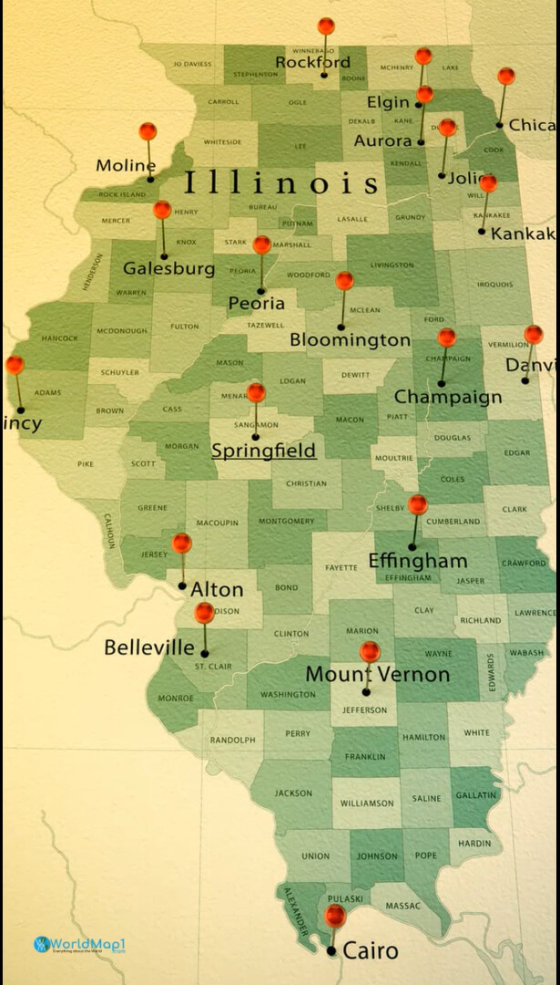 Illinois Largest Cities and Counties Border Map